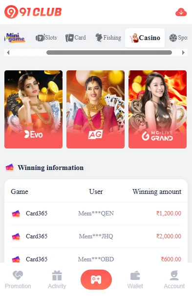 play casino games on 91 club